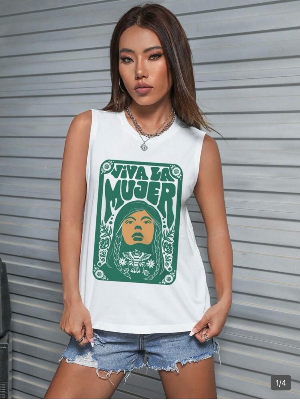 SHEIN White Tank Top with Green Viva La Mujer Graphic